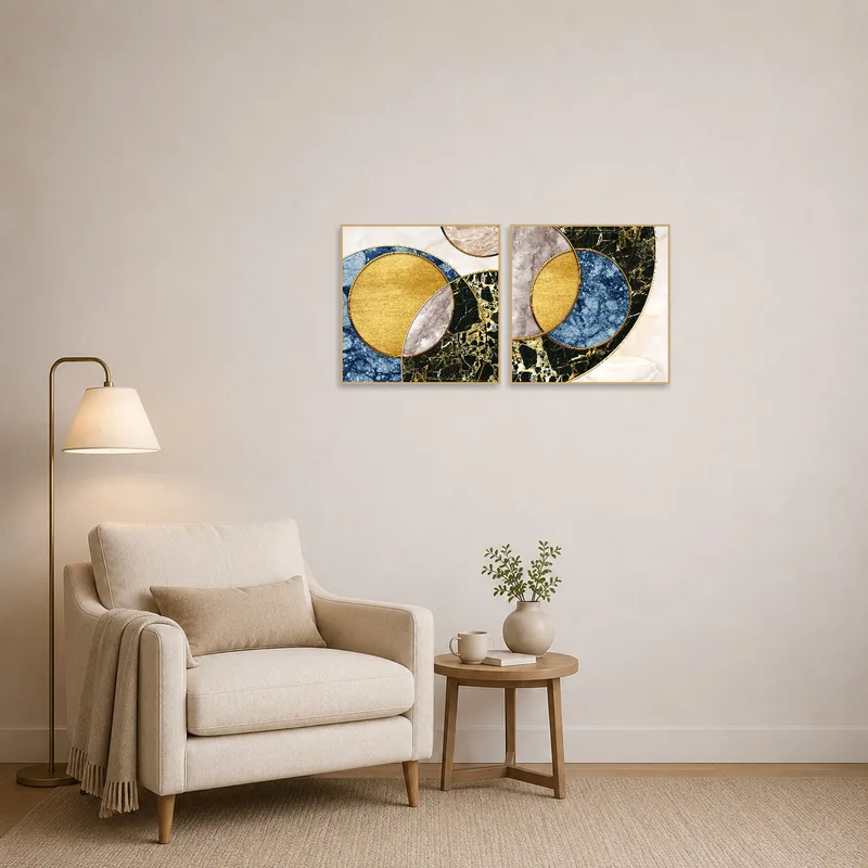Reading corner adorned with geometric marble and gold circle art.