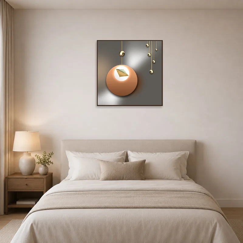Metallic abstract piece adds a modern touch to a serene bedroom wall.