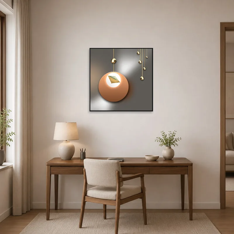 Geometric metallic abstract art energizes the space above a desk in a home office.