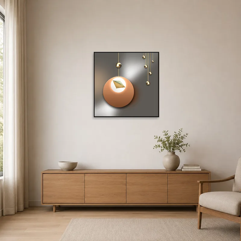 Sleek geometric metallic art piece on a plain white wall of a minimalist room.