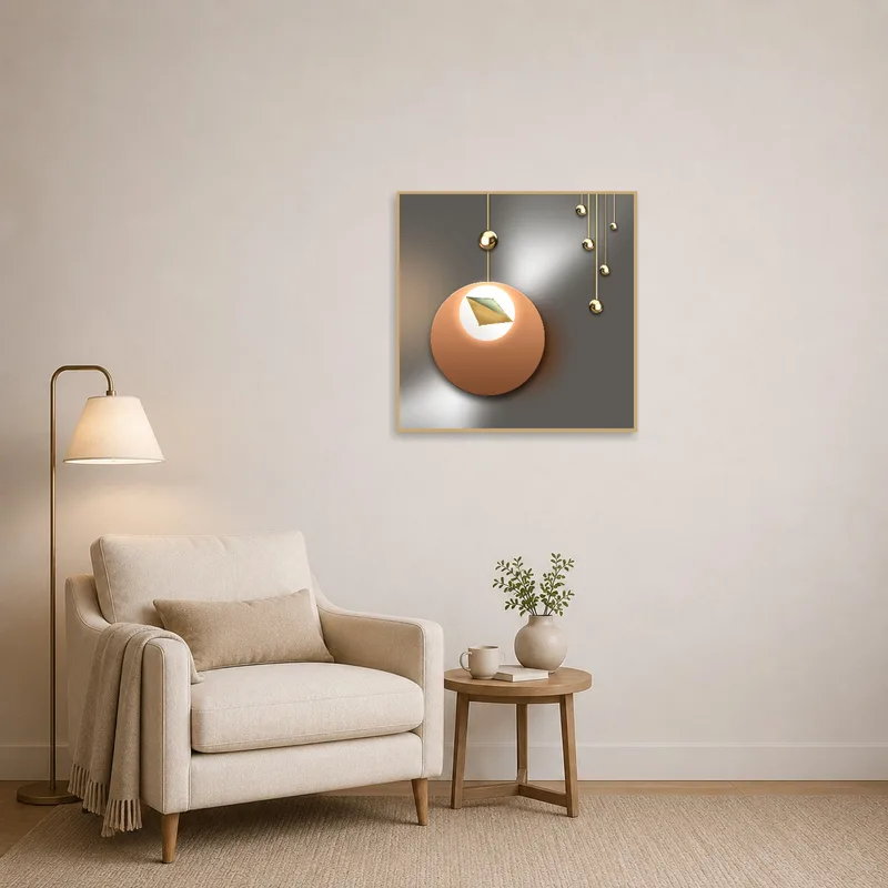 Contemporary geometric metallic design enriches the cozy reading corner ambience.