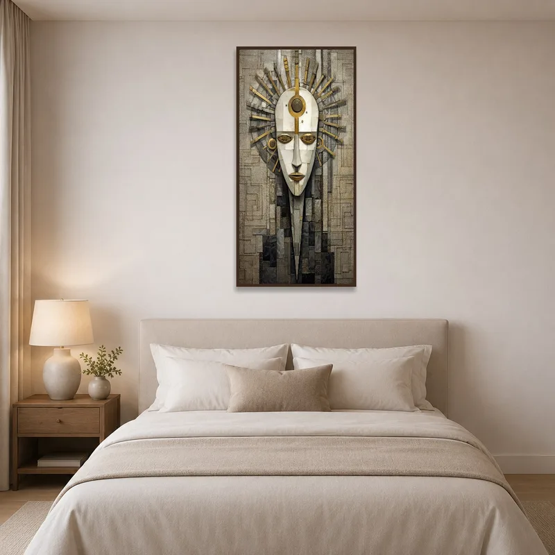 Stylish abstract face art enhances the bedroom's ambiance.