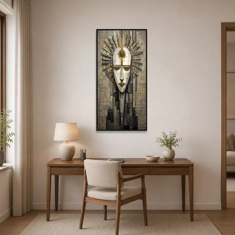 Geometric abstract face brings intrigue to a home office.