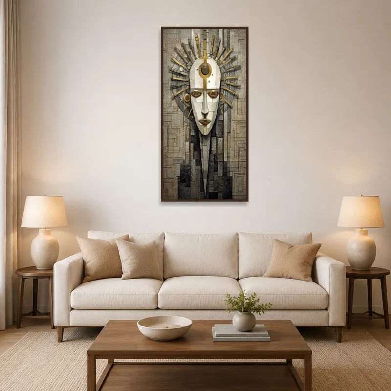 Modern art with abstract face in a contemporary living room.