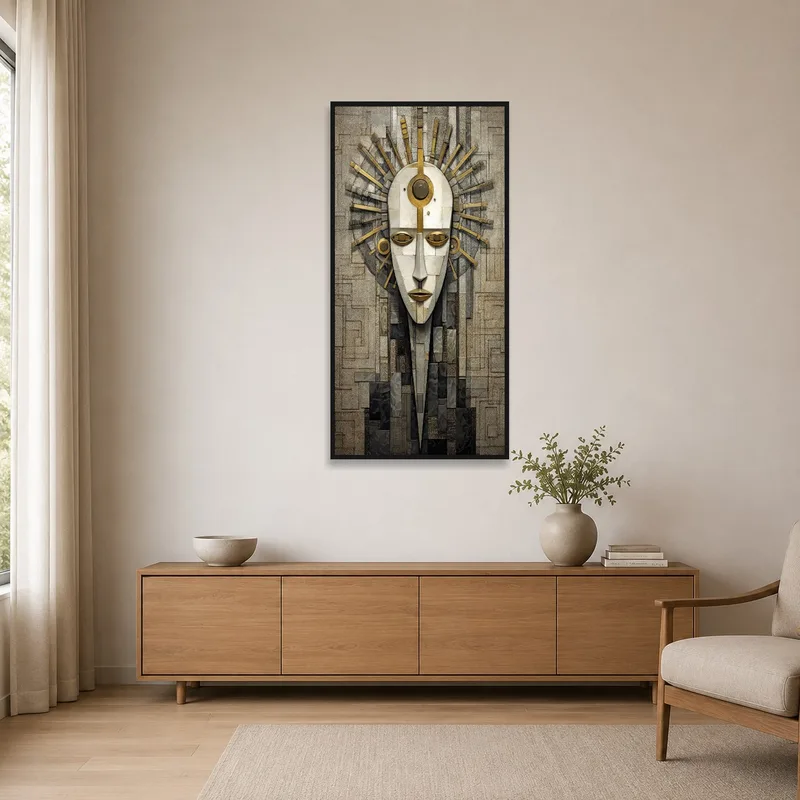Sleek abstract face adds edge to a minimalist space.