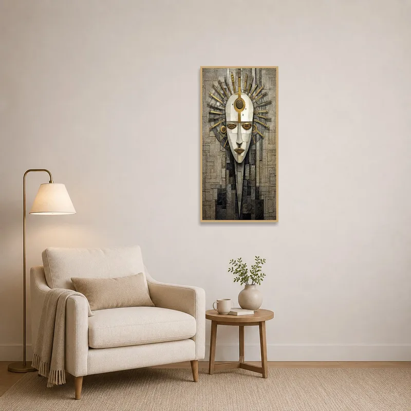 Contemporary abstract piece brightens a cozy reading corner.