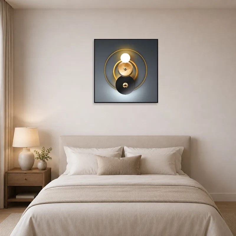 Stylish geometric metallic art hanging above the bed in a chic bedroom.