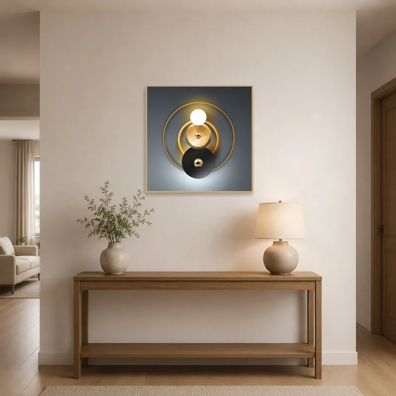 Geometric metallic modern art brightening an elegant, spacious entrance hall.