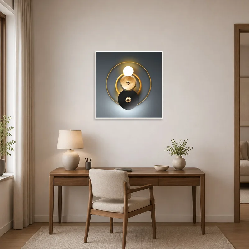 Geometric metallic art print adding a modern flair to a creative home office.