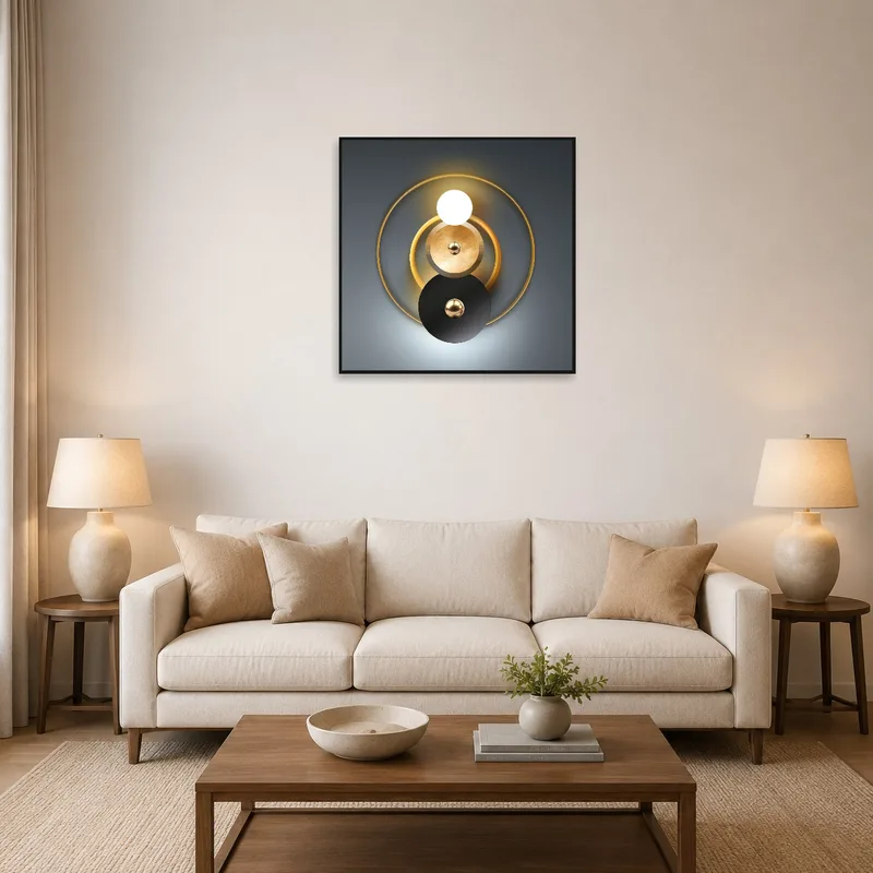 Geometric metallic modern art on the wall in a contemporary living room setting.