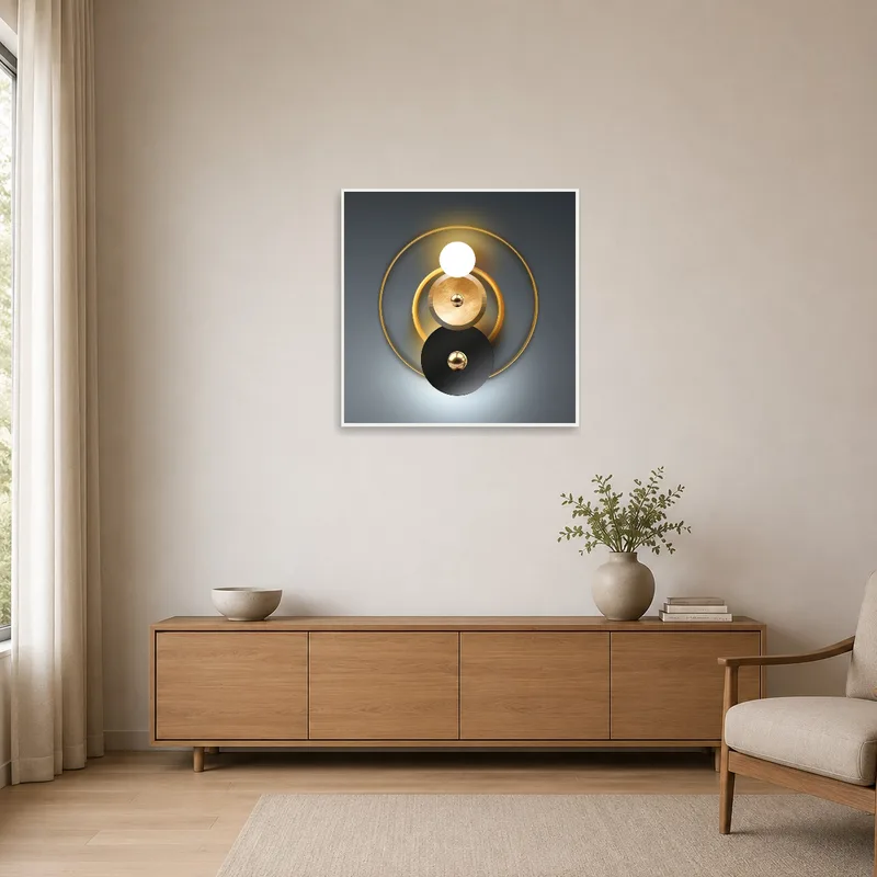 Sleek geometric metallic art accentuating a minimalist room with clean lines.