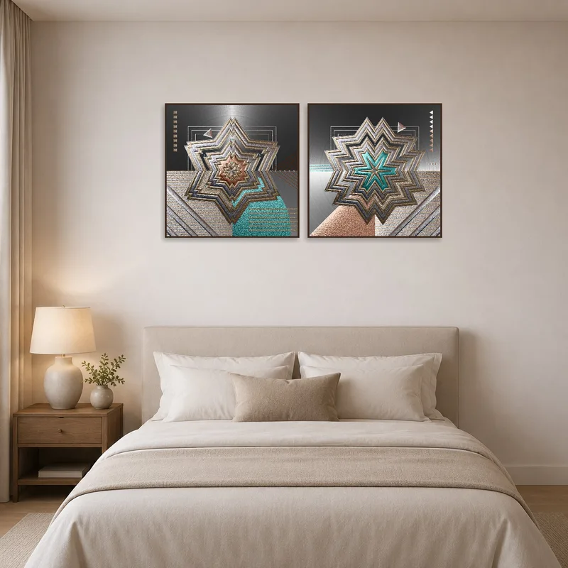Bedroom wall adorned with geometric metallic starburst art set.