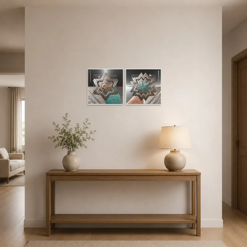 Geometric metallic starburst art set displayed in the entrance hall.