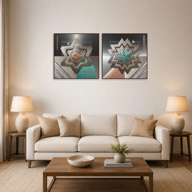 Geometric metallic starburst art set above modern living room sofa.