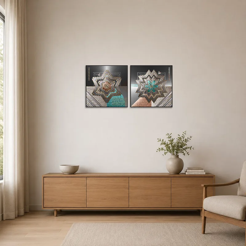 Minimalist room featuring a geometric metallic starburst art set.