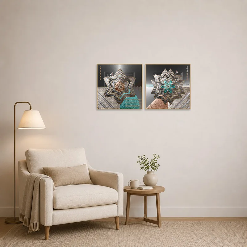 Reading corner enhanced by geometric metallic starburst art set.
