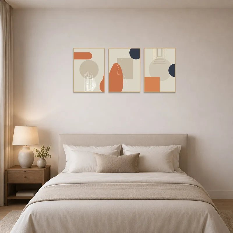 Geometric art set above a bed, harmonizing with serene bedroom decor for a calm aesthetic.