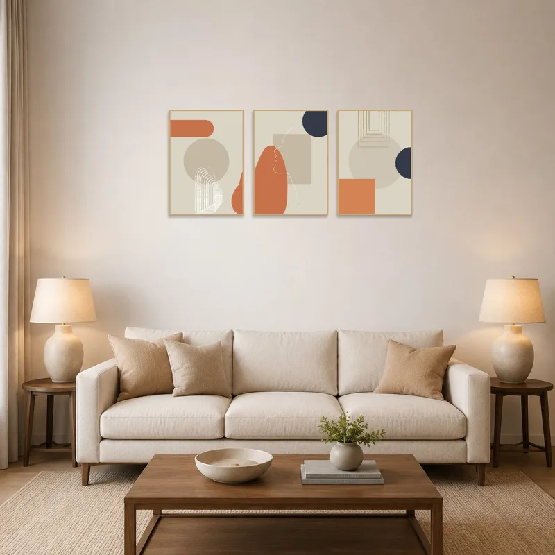 Geometric minimalist triptych art set on a living room wall above a sleek modern sofa.