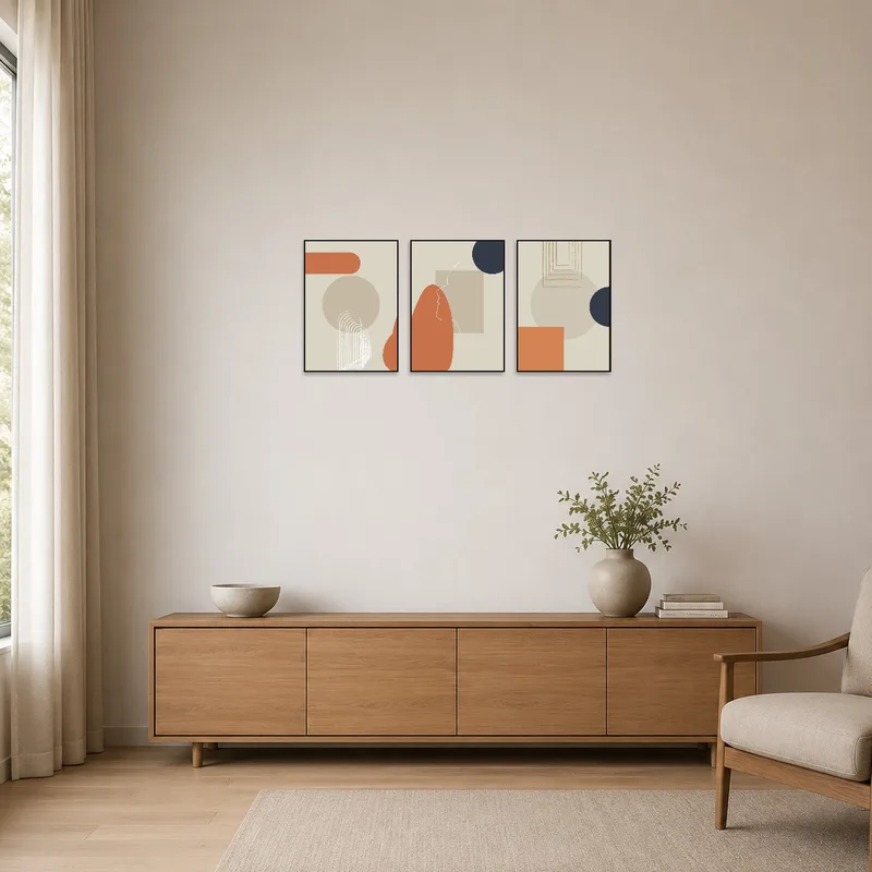 Minimalist geometric triptych complementing clean lines and neutral tones in an uncluttered space.