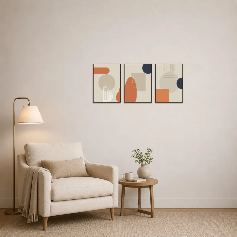 Triptych art set displayed near a cozy chair in a reading corner, creating a focal point.