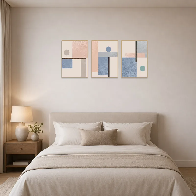 Soft-hued geometric triptych placed above a bed, creating a calm and peaceful bedroom setting.
