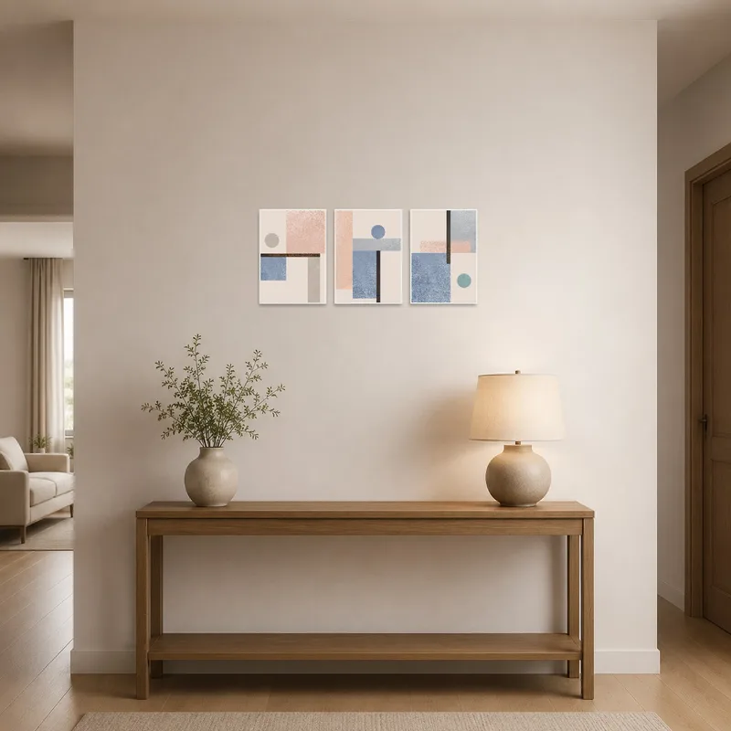 Soft-hued geometric triptych welcoming guests in an entrance hall, providing a touch of elegance.