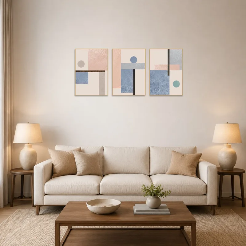 Triptych of geometric shapes in soft hues hanging on a living room wall above a modern sofa.