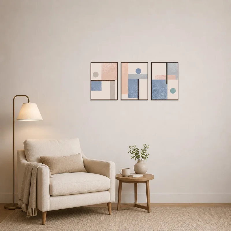 Triptych featuring minimalist geometric shapes adding subtle beauty to a cozy reading corner.