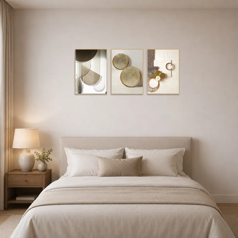 In the bedroom, the geometric triptych set offers a touch of modern elegance.