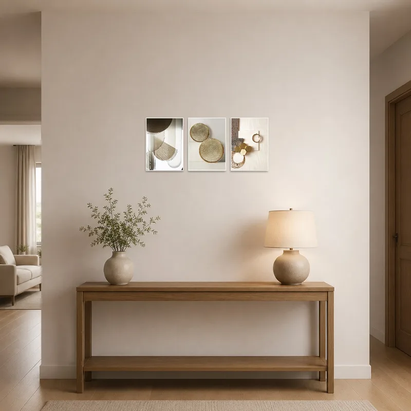 An elegant triptych set greets visitors in the entrance hall with geometric style.