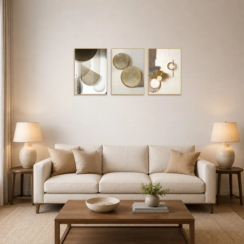 A geometric triptych set enhances the modern living room's elegance.