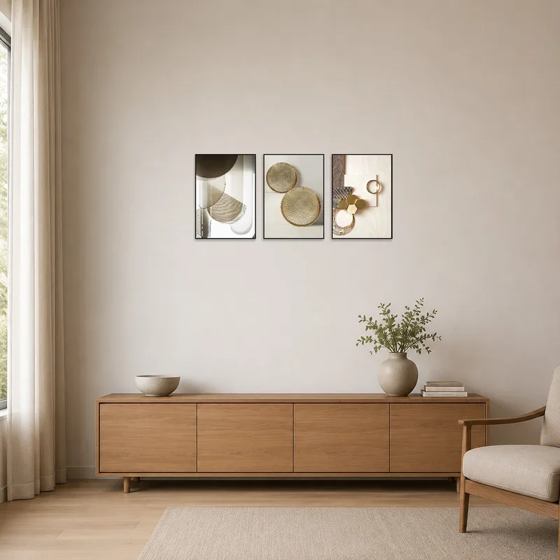 The triptych set adds refined geometric charm to the minimalist room.