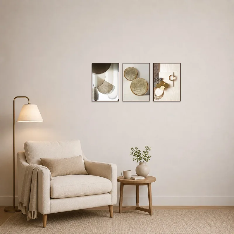 The reading corner's ambiance is uplifted by the modern geometric triptych set.