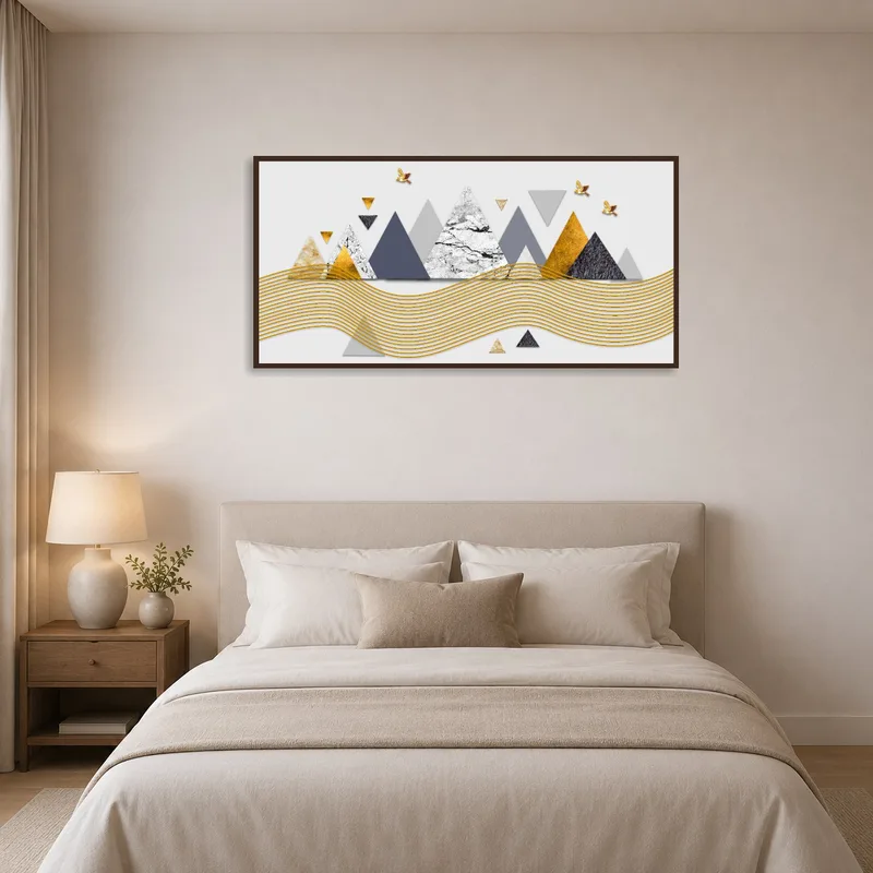 Bedroom adorned with a geometric mountain abstract piece.