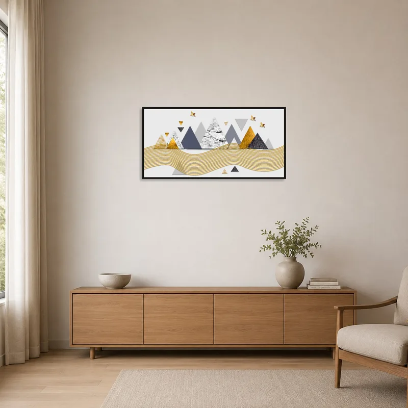 Minimalist room showcasing a geometric mountain abstract art.