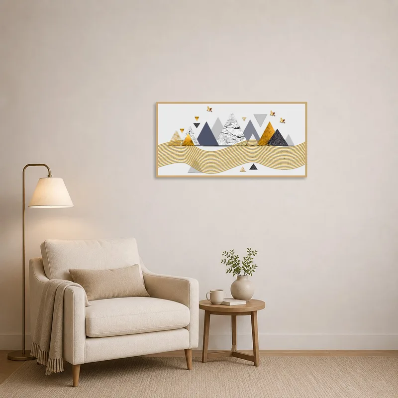 Reading corner featuring a geometric mountain abstract artwork.