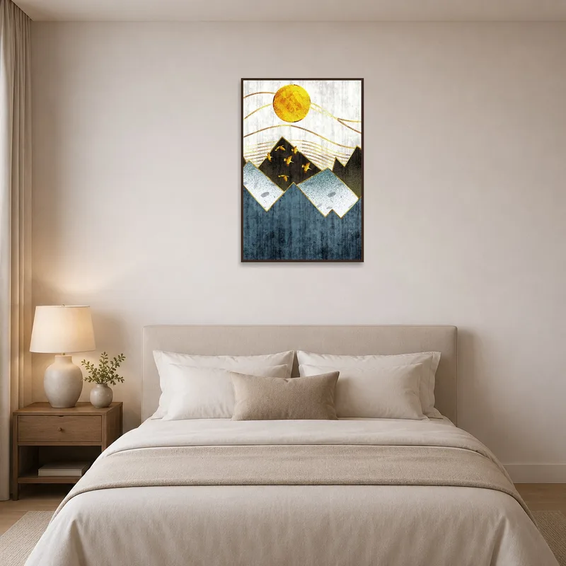 Peaceful geometric mountains and sun art enhancing bedroom ambiance.