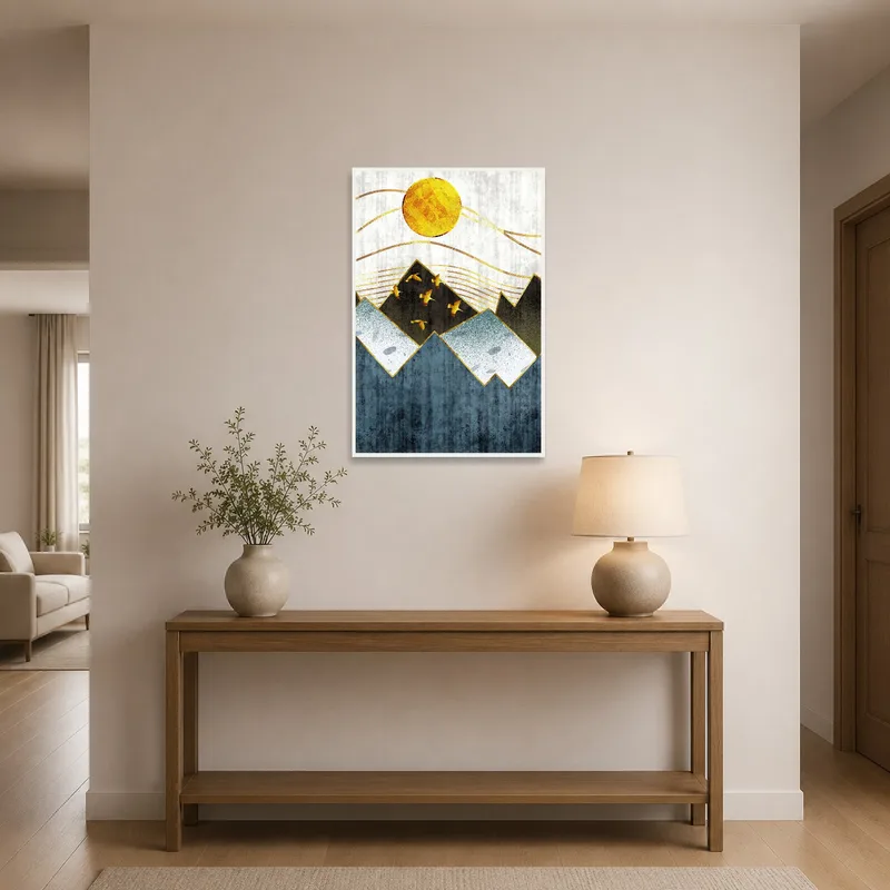 Geometric mountains and sun art greeting guests in the entrance hall.