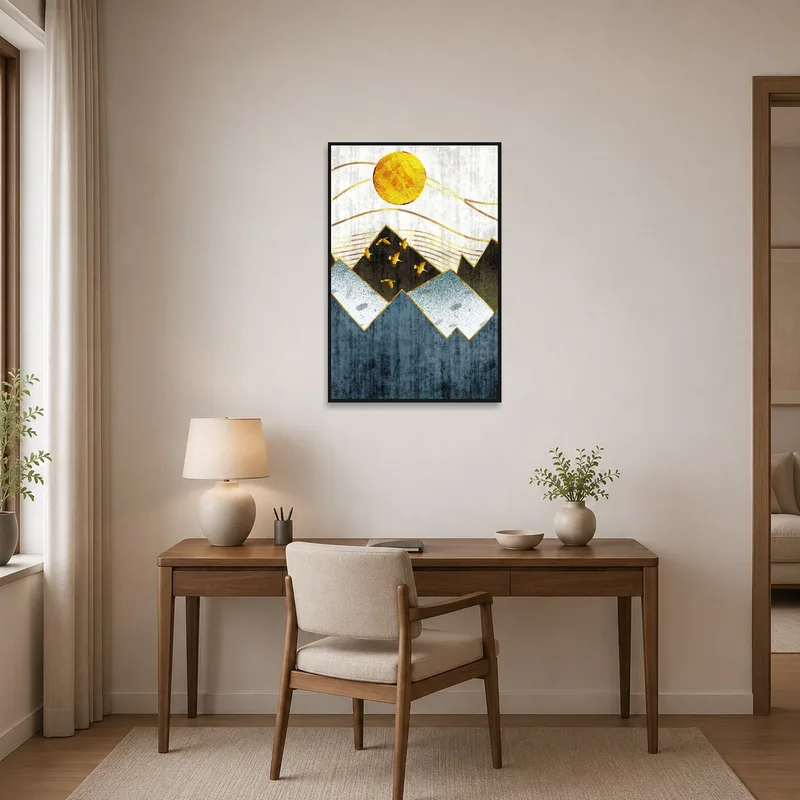 Geometric mountains and sun art inspiring productivity in the home office.