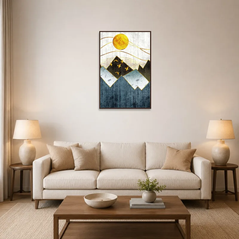 Geometric mountains and sun art above a modern sofa in the living room.