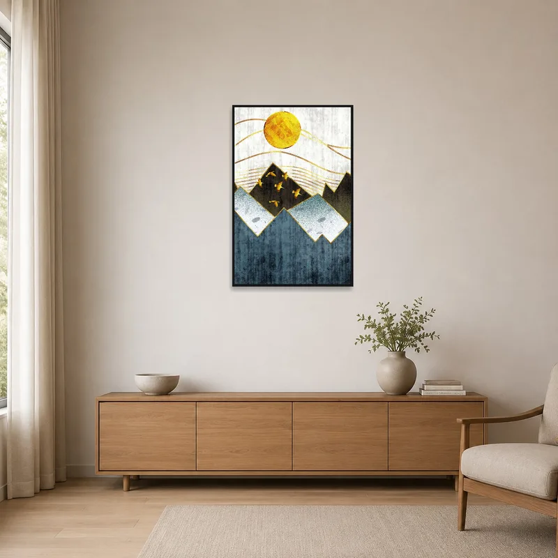 Clean lines of geometric mountains and sun art on a minimalist-style wall.