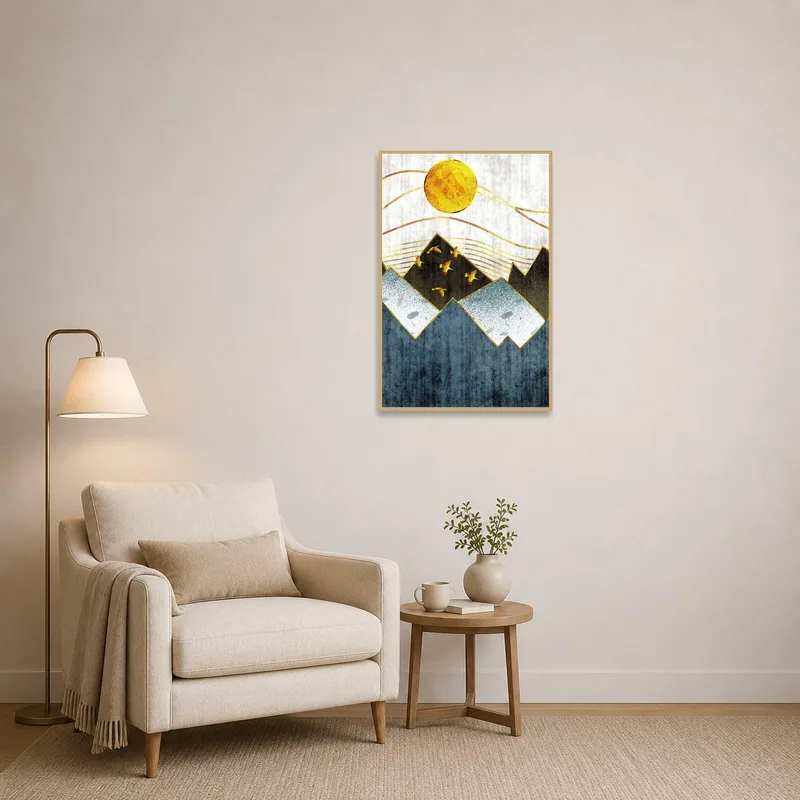 Art featuring geometric mountains and sun adds interest to the reading corner.