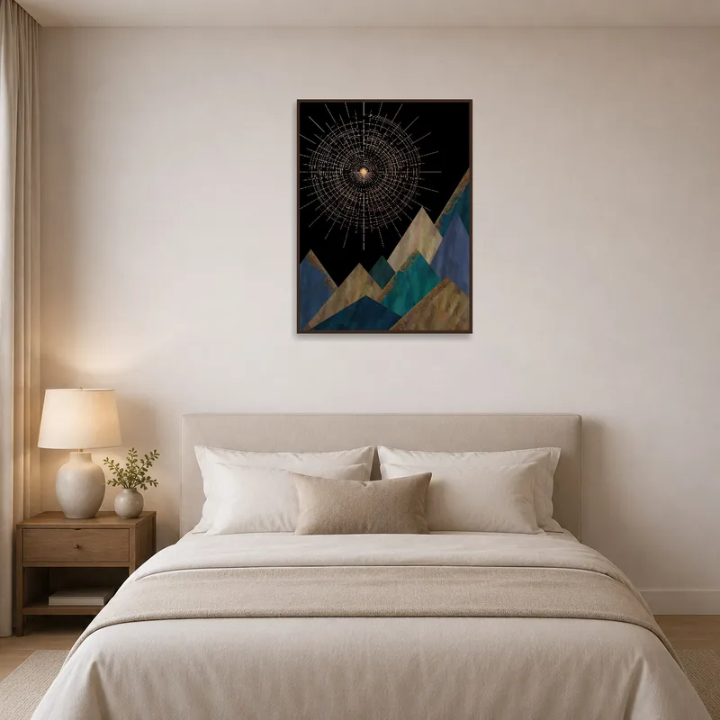 Relaxing bedroom accentuated by Geometric Mountains artwork featuring a bright sunburst.