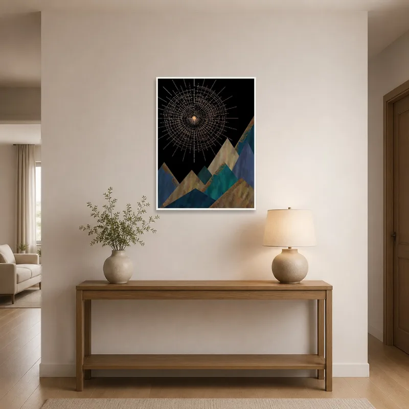 Geometric Mountains piece with radiant sunburst greeting visitors in an elegant entrance hall.