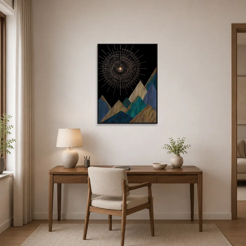 Brightens a home office with Geometric Mountains and a radiant sunburst on the wall.