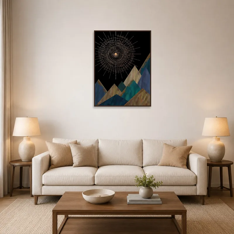 Geometric Mountains artwork with sunburst above a modern sofa in a bright living room.