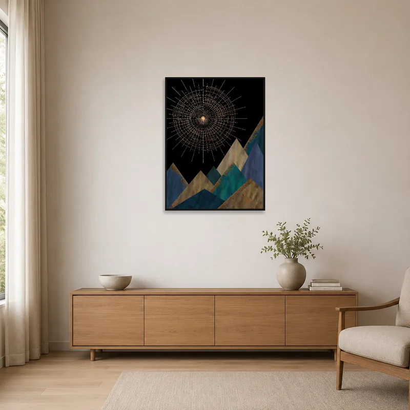 Simple Geometric Mountains art with sunburst hanging in a sleek, uncluttered minimalist space.