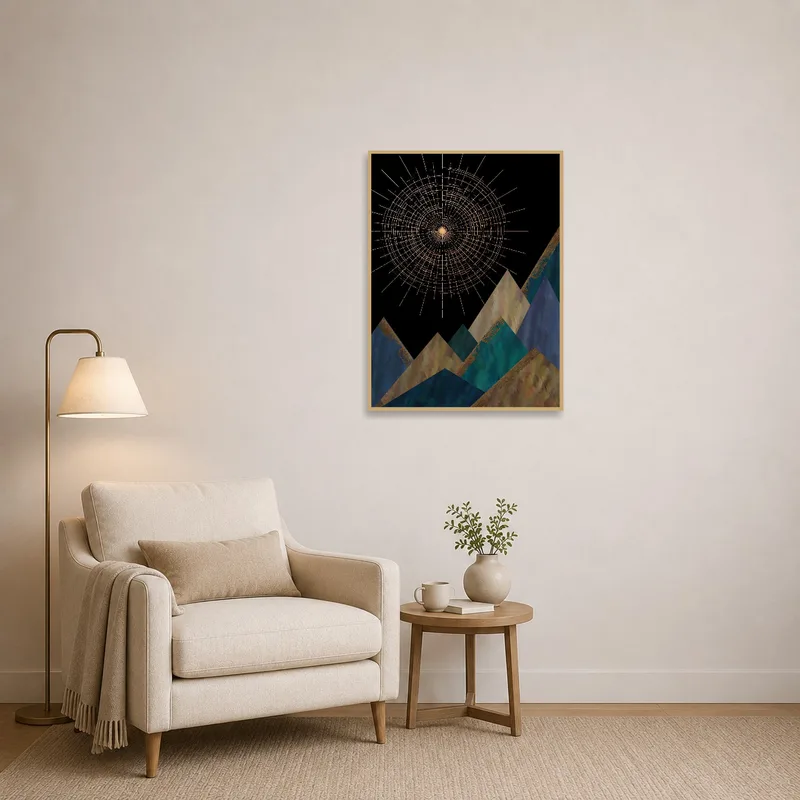 Art with Geometric Mountains and sunburst adorning a cozy reading corner with bookshelves.