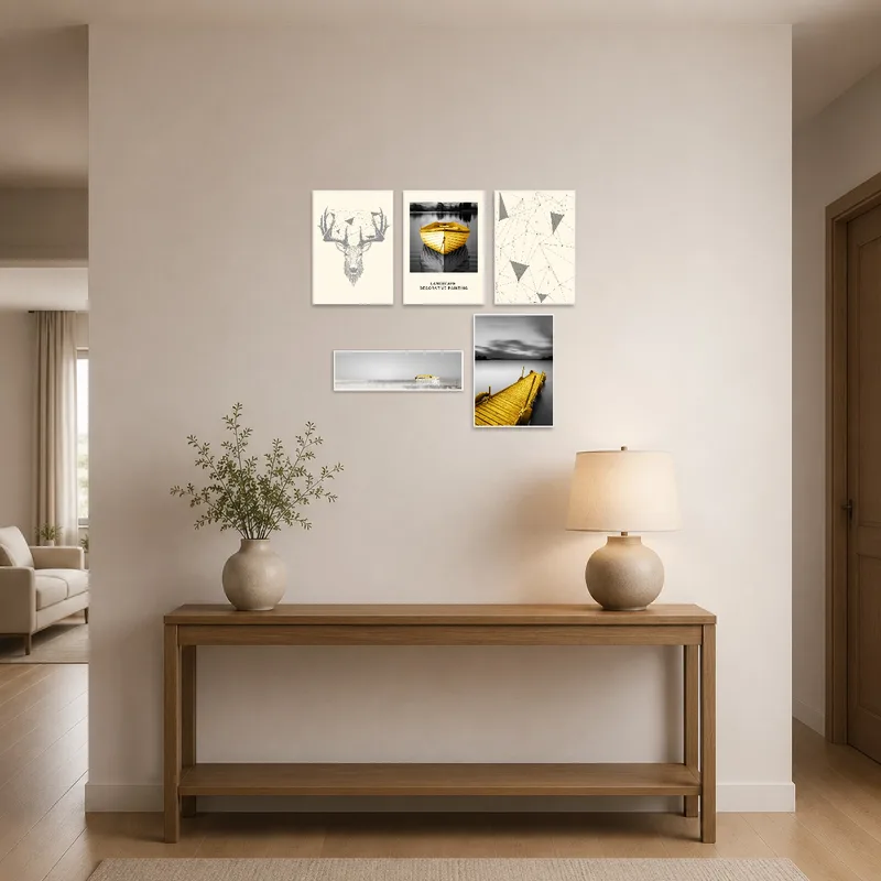 Geometric nature and nautical yellow art set in a bright entrance hall.