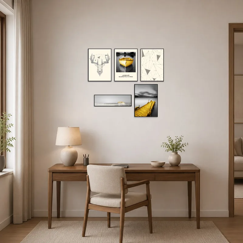 Stylish art set with geometric and nautical yellow elements in a home office.